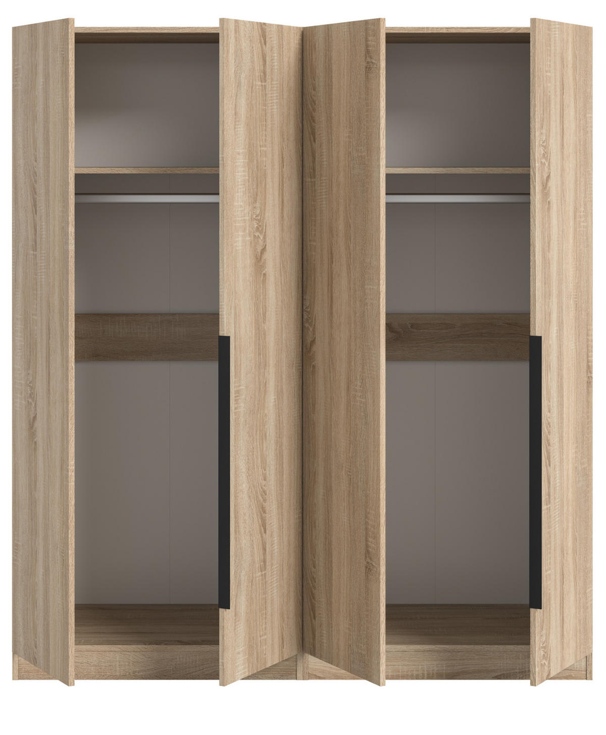 KLEIDERSCHRANK Eiche Sonoma 4-türig 160 x 181 cm, Drehtürenschrank mit zusätzlichen Einlegeböden - Eichefarben/Schwarz, Holzwerkstoff/Kunststoff (160/181/52cm) - Inn.Furn