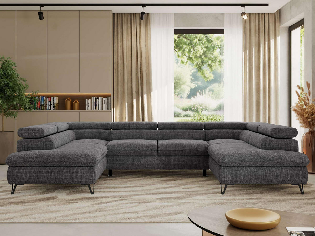 WOHNLANDSCHAFT PABLO U Schenille grob gewebt Grau - Schwarz/Grau, Textil/Metall (346/76/208cm) - MKS