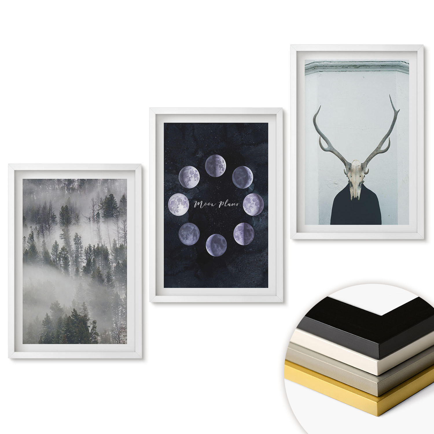 WANDBILDER 3er-Set - 40x60 cm Weißer Rahmen - Waldlandschaft, Nebel, Mond, Hirschschädel - Weiß, Kunststoff (40/60cm) - ArtPrintCave