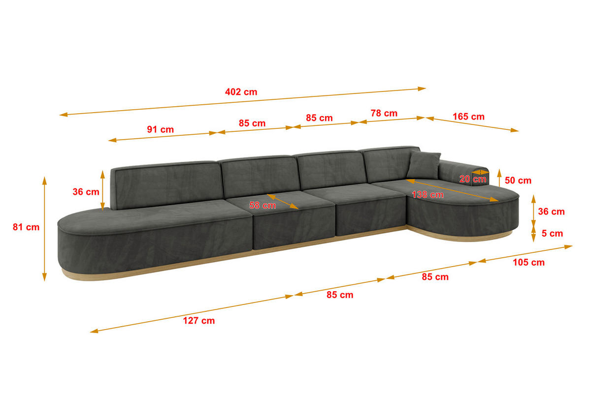 ECKSOFA Ottomane Rechts MARI-L3-v2 - 413x171x83 cm Dunkelgrau Velours - Dunkelgrau, Holzwerkstoff/Textil (171/413cm) - ALTDECOR