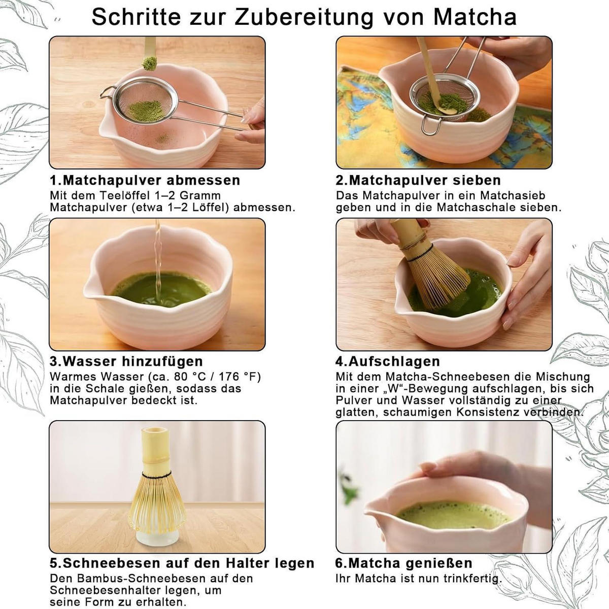 MATCHA Set 8-teilig mit Schale und Bambusbesen - Pink, Keramik (20.3/1/29.5cm)