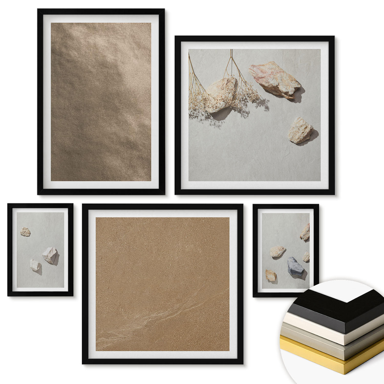 WANDBILDER 5er-Set - 50x50 cm & 20x30 cm & 40x60 cm Schwarzer Rahmen - Strandsteine natürliche Strukturen - Schwarz, Kunststoff (40/60cm) - ArtPrintCave