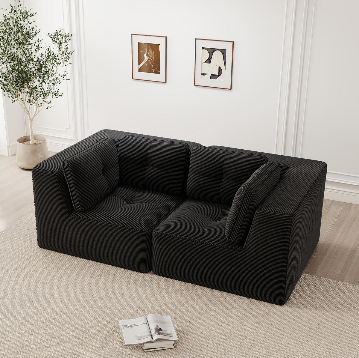 ECKSOFA 208/104/69 cm schwarz aus Cord mit modularem Design - Schwarz, Textil (104/208cm) - OKWISH