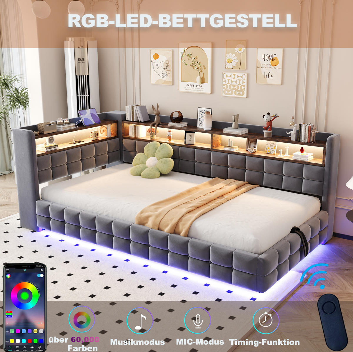 POLSTERBETT 90/200 cm Grau mit Stauraum, LED-Beleuchtung und Regal - Grau, Textil (90/200cm) - Flora Grace