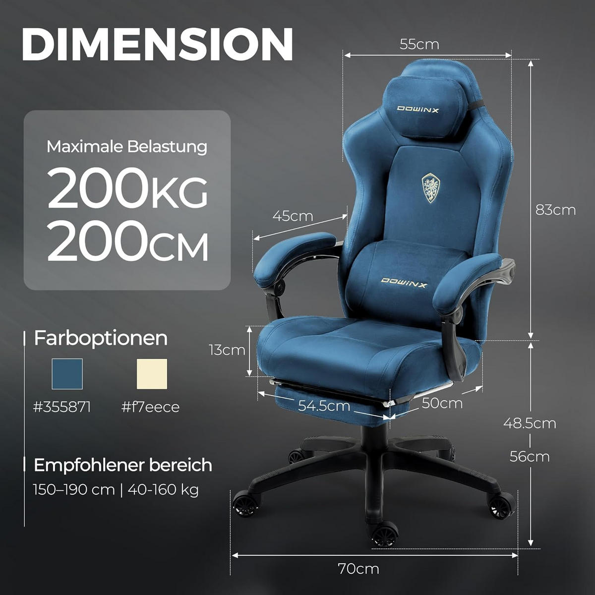 GAMING-STUHL Mikrofaser-Velours & Lendenkissen, Fußstütze 160° Neigbar - Blau, Leder (70/132/70cm)
