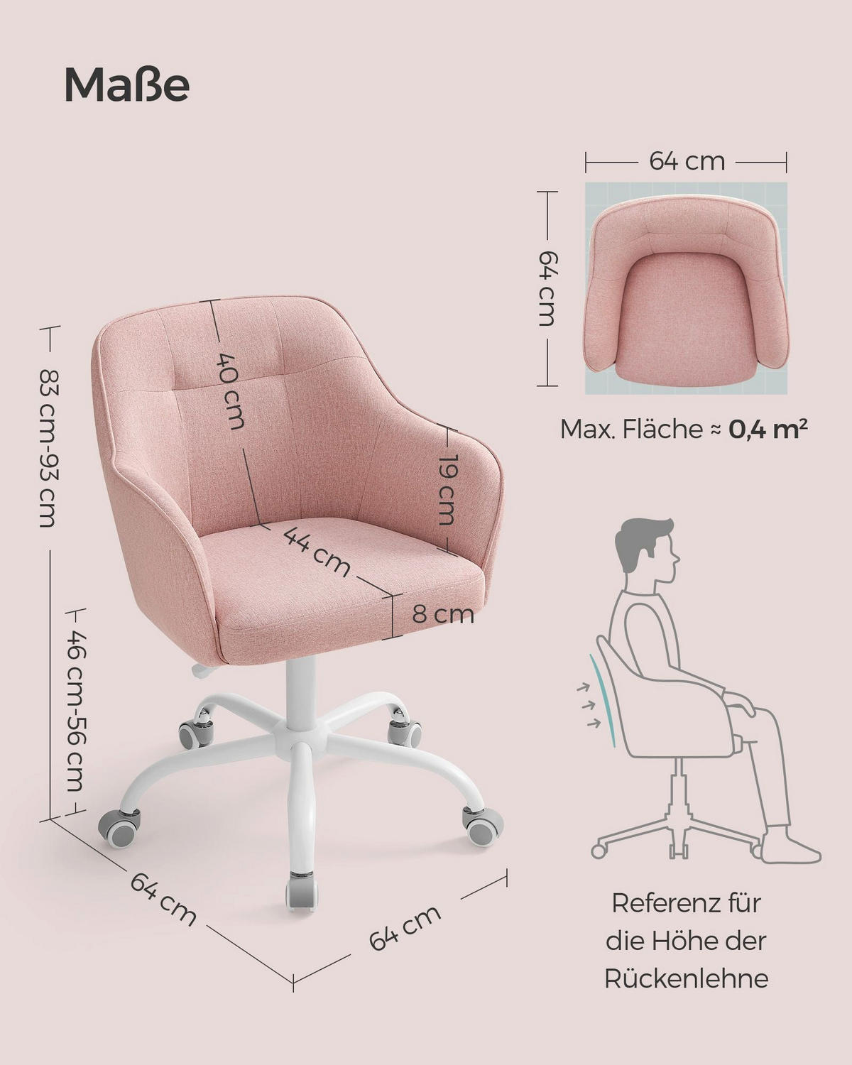 BÜROSTUHL HOBART - Rosa, Holzwerkstoff (65/93/69cm) - Hansiro