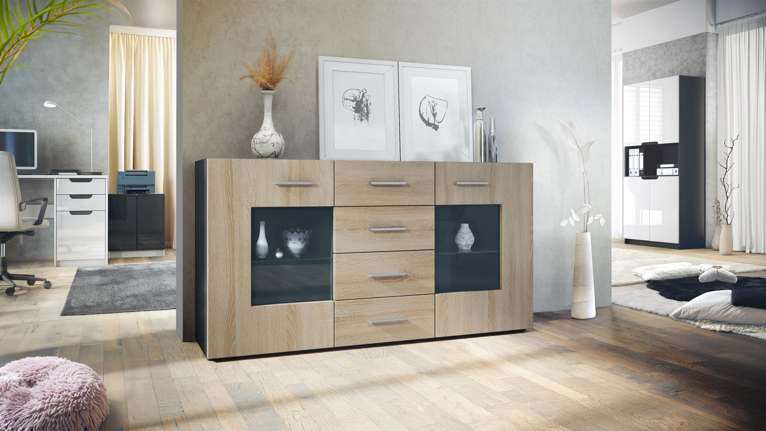 SIDEBOARD Noah Eiche sägerau - Eiche San Remo, Holzwerkstoff (139/72/35cm) - Vladon