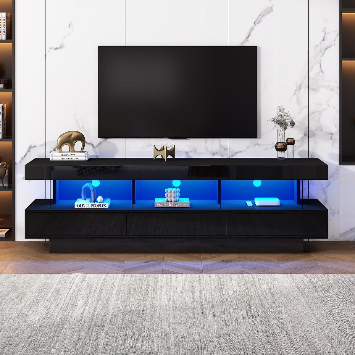 TV-ELEMENT in Schwarz TV-Ständer mit 3 Schubladen, LED-Beleuchtung , geeignet für das Wohnzimmer. Maße: 160 cm (B) / 38 cm (T) / 50,5 cm (H) - Schwarz, Holzwerkstoff (160/50.5/38cm) - STILVORA