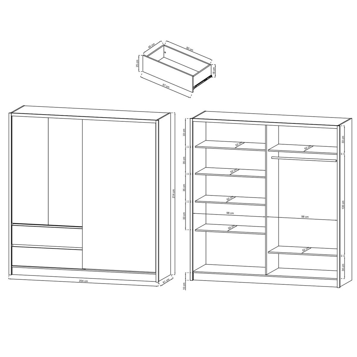 SCHWEBETÜRENSCHRANK SABRINA 204/214/62 cm 3-türig mit Spiegel Weiß - Weiß, Holzwerkstoff (204/214/62cm) - MASSENO