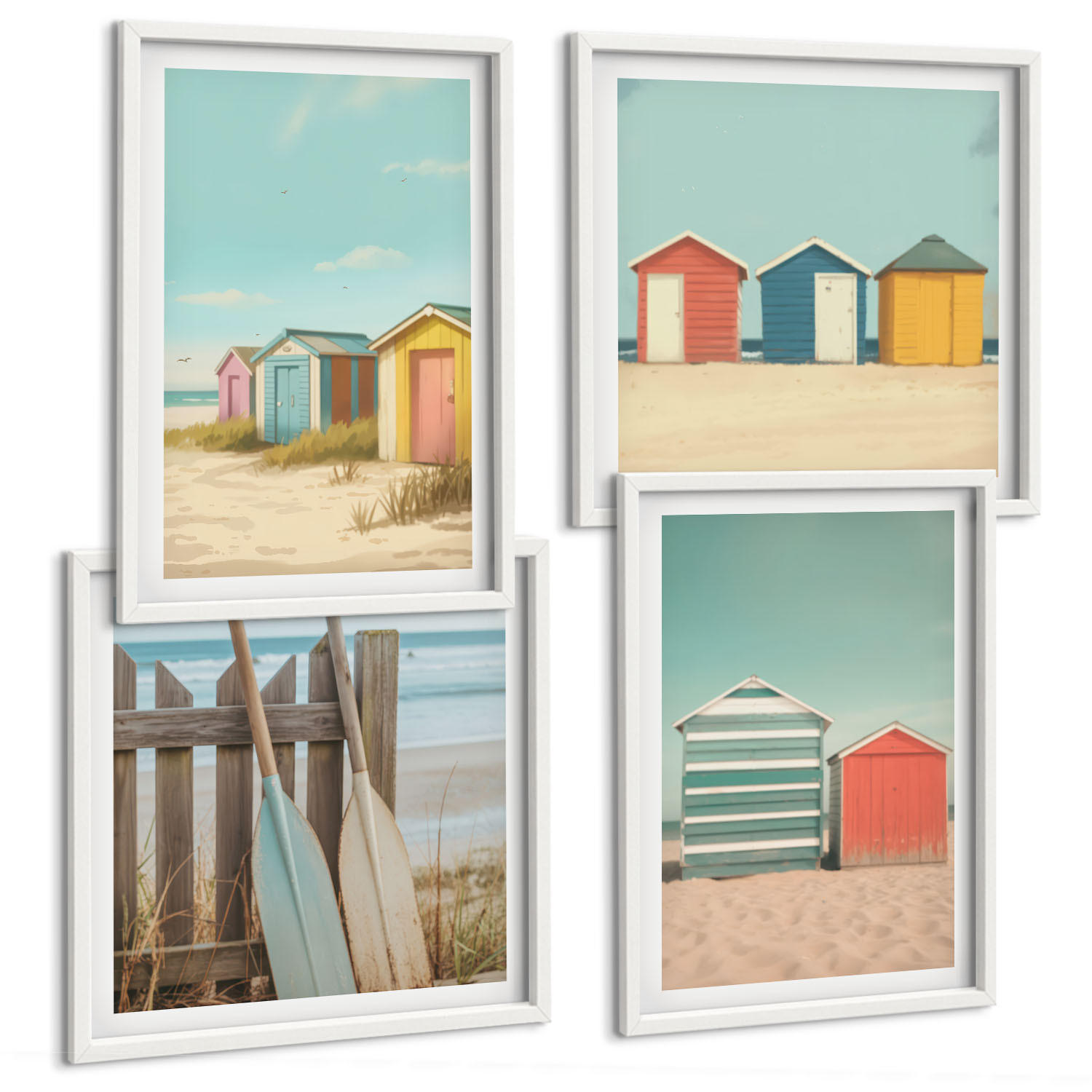 BILDER SET 4er Set - 50x50 cm & 40x60 cm Weißer Rahmen - Bunte Strandhäuser - Weiß, Kunststoff (50/50cm) - TULUP