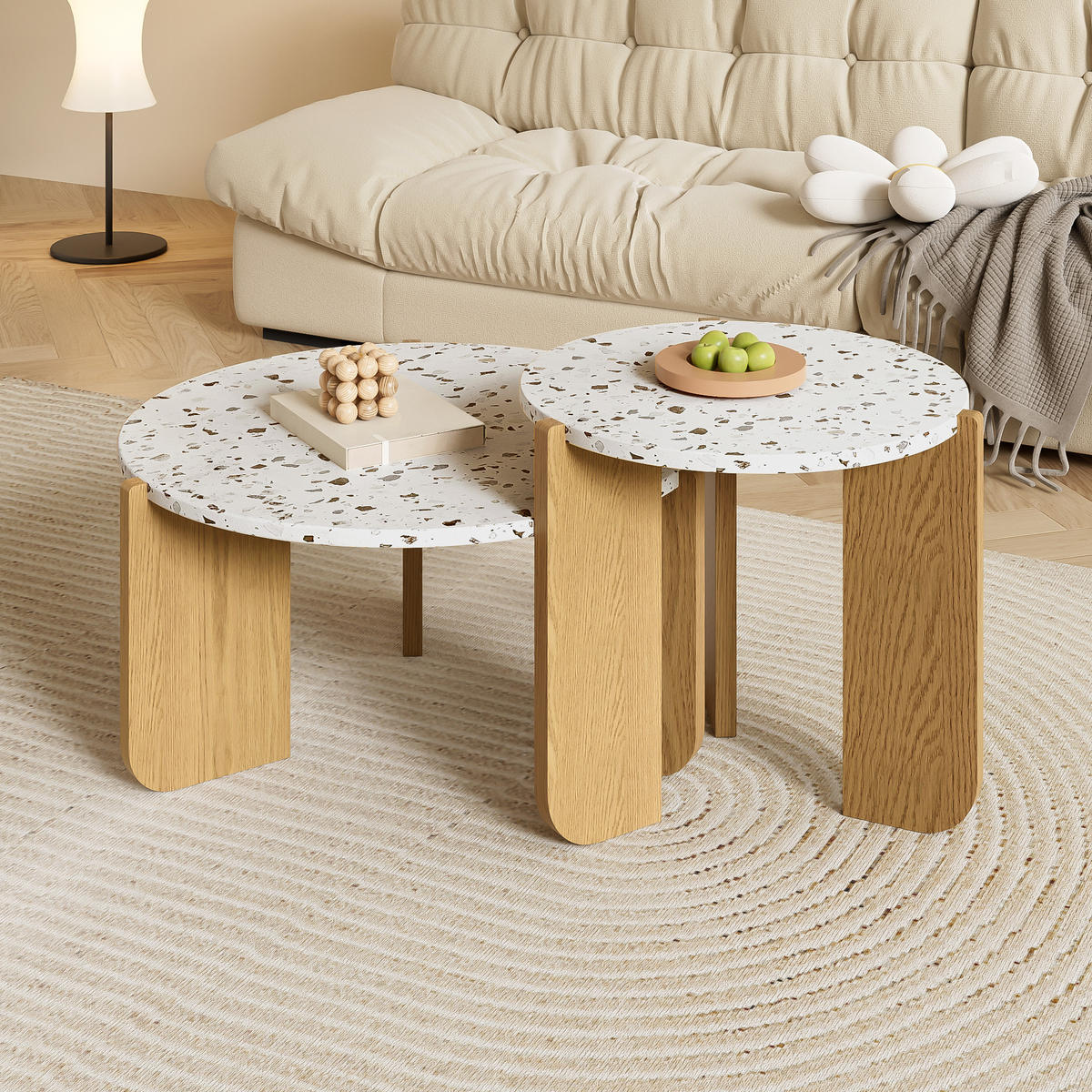COUCHTISCH 2er-Set 70/70/35 cm und 50/50/45,5 cm modernes Design, Weiß+Naturfarben - Weiß, Holzwerkstoff (120/120/45.5cm) - Redom