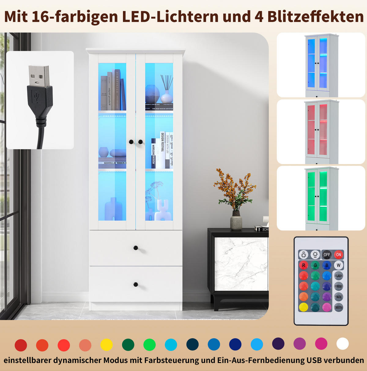VITRINE 60/35,5/165 cm mit LED-Beleuchtung, USB-Anschluss, 2 Schubladen und verstellbaren Einlegeböden, Weiß - Weiß, Holzwerkstoff (60/165/35.5cm) - Redom