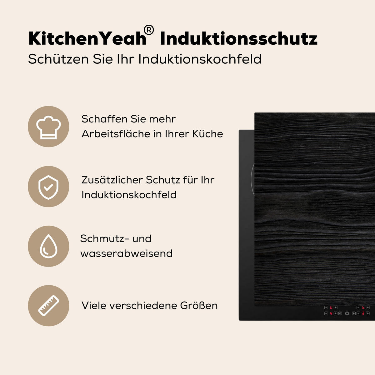 HERDABDECKPLATTE Schwarz - Holzoptik Herdabdeckung Induktionsfeld 70x52 cm - Schwarz, Kunststoff (70/52/0.2cm) - MuchoWow