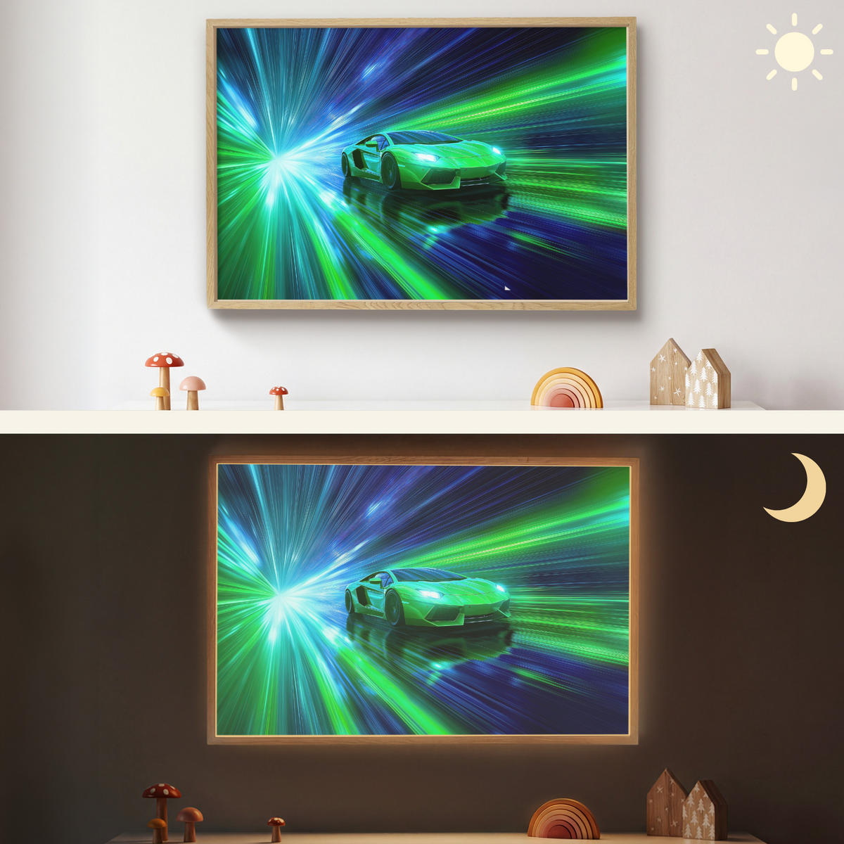 NÁSTĚNNÁ LAMPA S AKUMULÁTOREM Rychlost - Lehké - Sportovní vůz - Zelená 100x70 cm - zelená barva, kompozitní dřevo (100/70/8cm) - OnlyWow