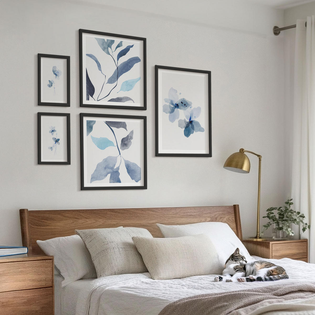 BILDER SET 5er Set - 50x50 cm & 20x30 cm & 40x60 cm Schwarzer Rahmen - Minimalistische blaue Blumen - Schwarz, Kunststoff (40/60cm) - TULUP