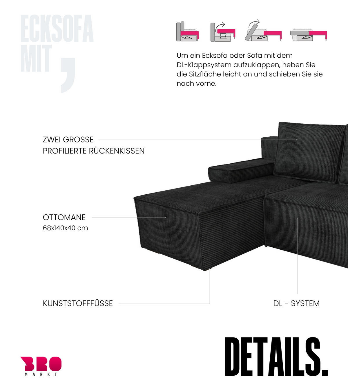 ECKSOFA Caspar mit Schlaffunktion Schwarz Cord - Schwarz, Textil (200/141cm) - Bromarkt