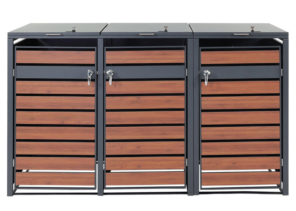 MÜLLTONNENBOX 3er/6er XL 117x215x98cm Metall 95kg Anthrazit Kirsche-Holzoptik Dunkelbraun - Kirschbaumfarben, Metall (215/117/98cm) - PROREGAL