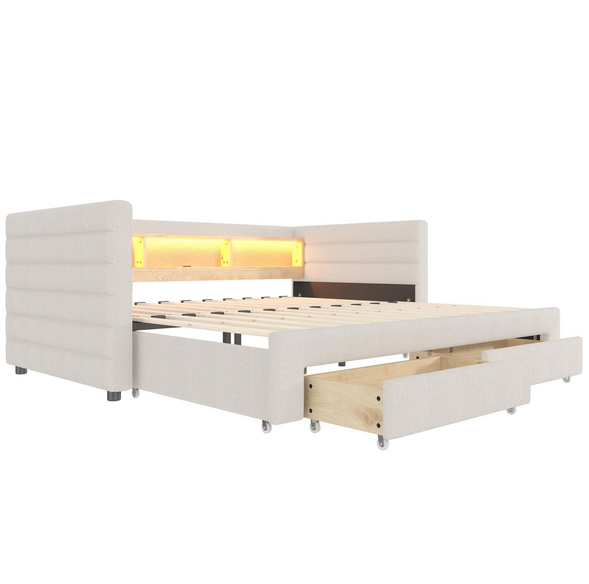 ROZKLADACIA posteľ z zamatu 90x190 cm béžová s LED osvetlením, USB a Typ-C portmi, úložným priestorom - béžová, textil (90/190cm) - Modfu