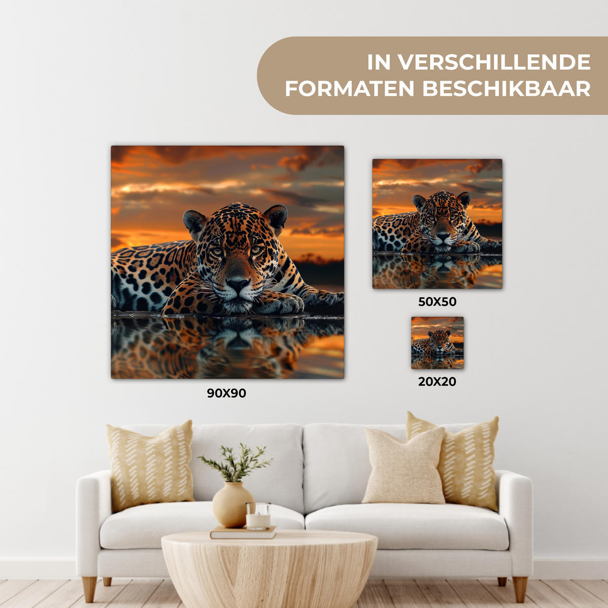 LEINWANDBILD Natur - Leopard - Tier - Sonnenuntergang - Modern Wandbild Wohnzimmer 50x50 cm - Orange, Textil (50/50cm) - MuchoWow