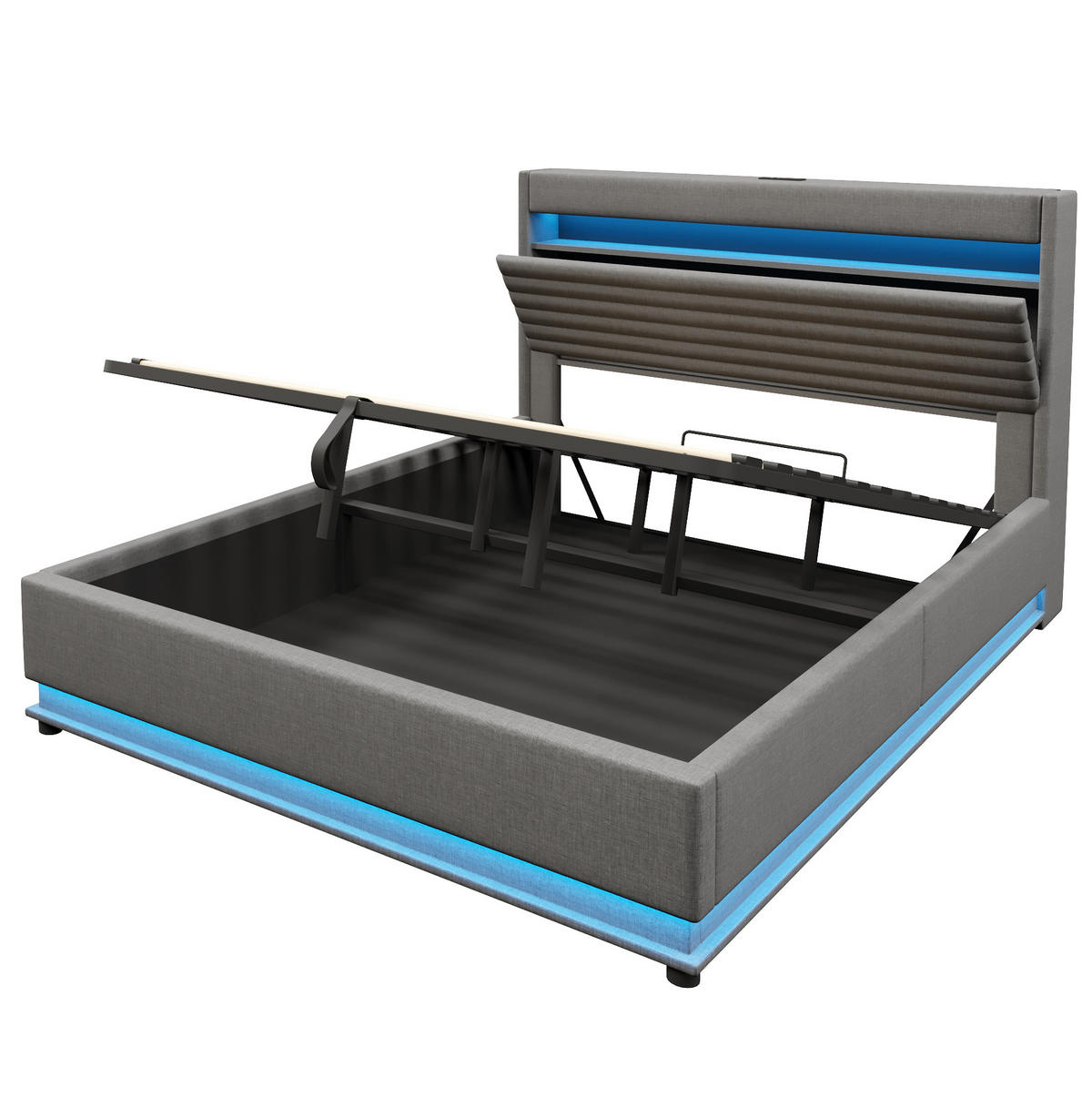 POLSTERBETT mit Stauraum 180x200 cm Leinen Grau mit LED und USB - Grau, Metall (180/200cm) - Meubliv