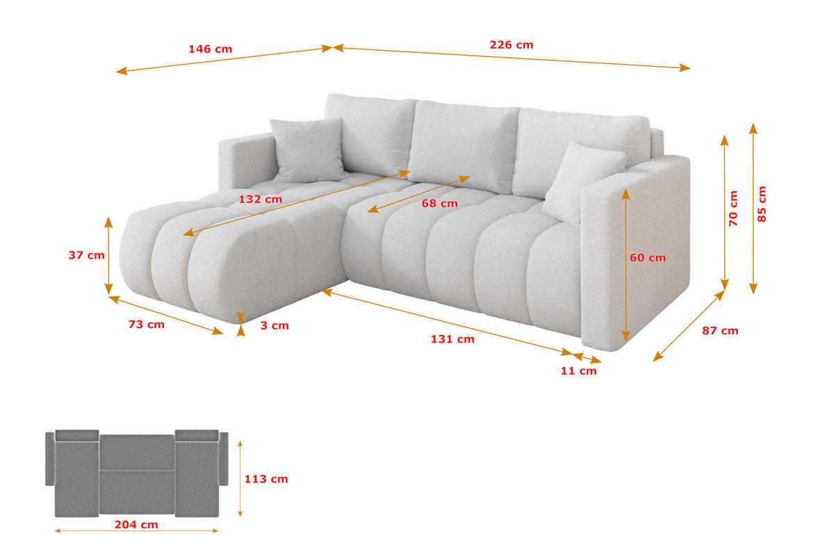 ROHOVÁ SEDAČKA s funkcí spaní, otoman vlevo GARD-L 226x146x85 bílá bouclé - bílá/černá, kompozitní dřevo/textil (226/146cm) - ALTDECOR