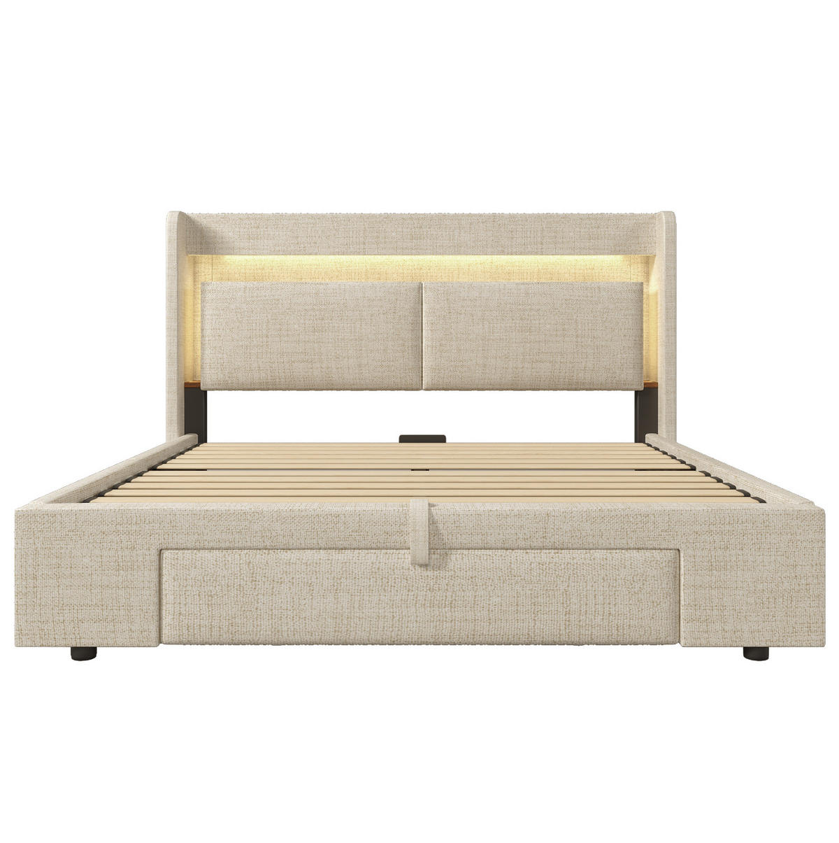 ČALOUNĚNÁ postel 160x200 cm béžová z lnu s hydraulickým úložným prostorem, LED a USB-C - béžová, textil (160/200cm) - OKWISH