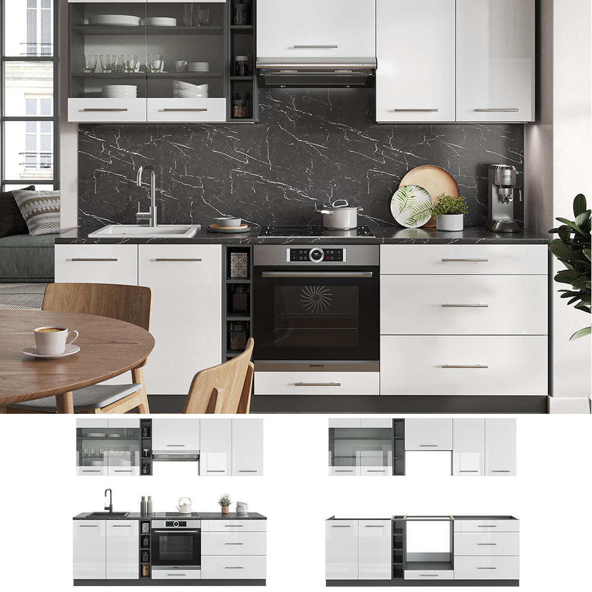 KÜCHENZEILE Fame-Line Weiß Hochglanz/Anthrazit 235 cm, AP Eiche - Weiß Hochglanz/Anthrazit, Holzwerkstoff (235/81.6/60cm) - Vicco