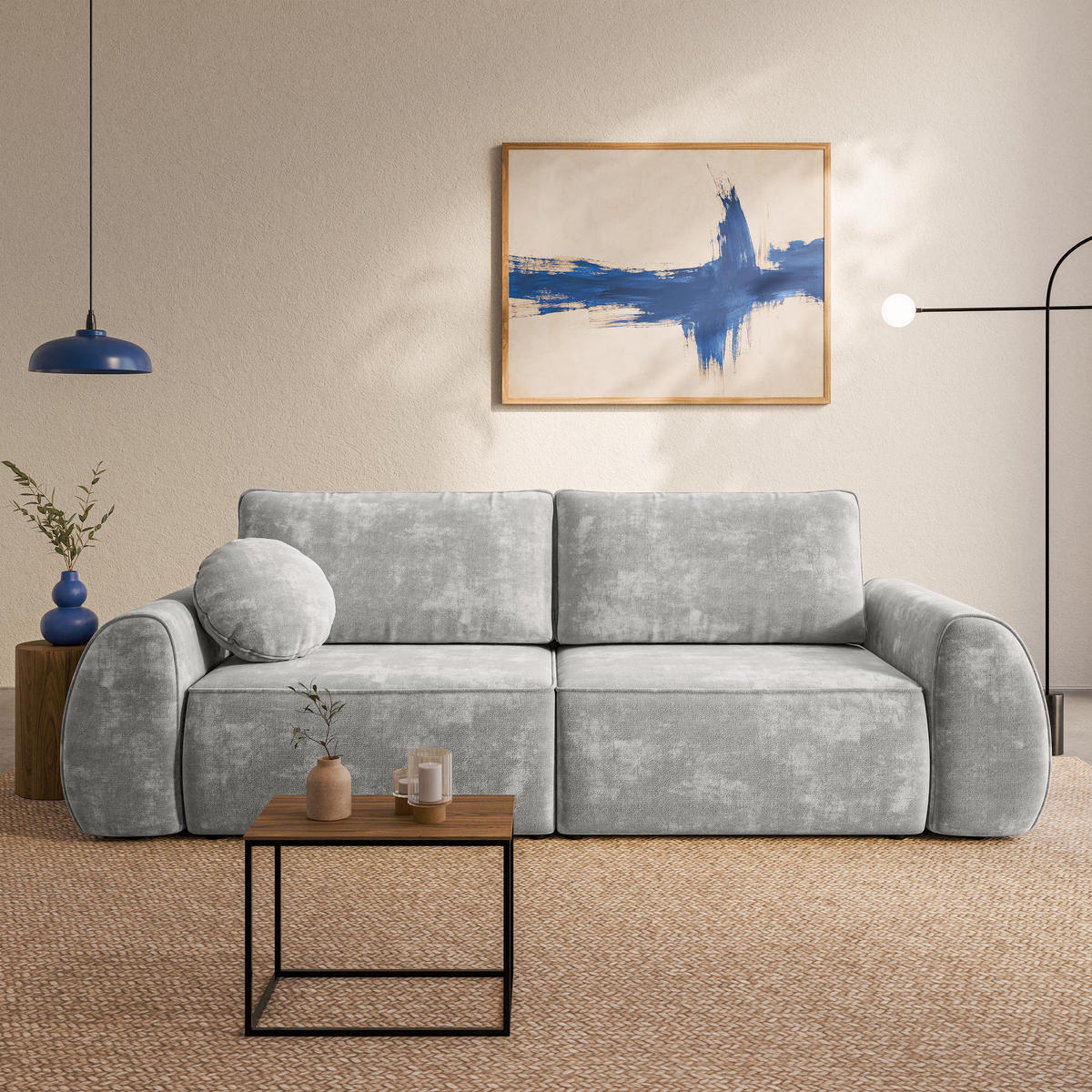 BETTSOFA ZEFEO Hellgrau Chenille-Stoff mit Schlaffunktion - Hellgrau, Textil (264/96/106cm) - MASSENO