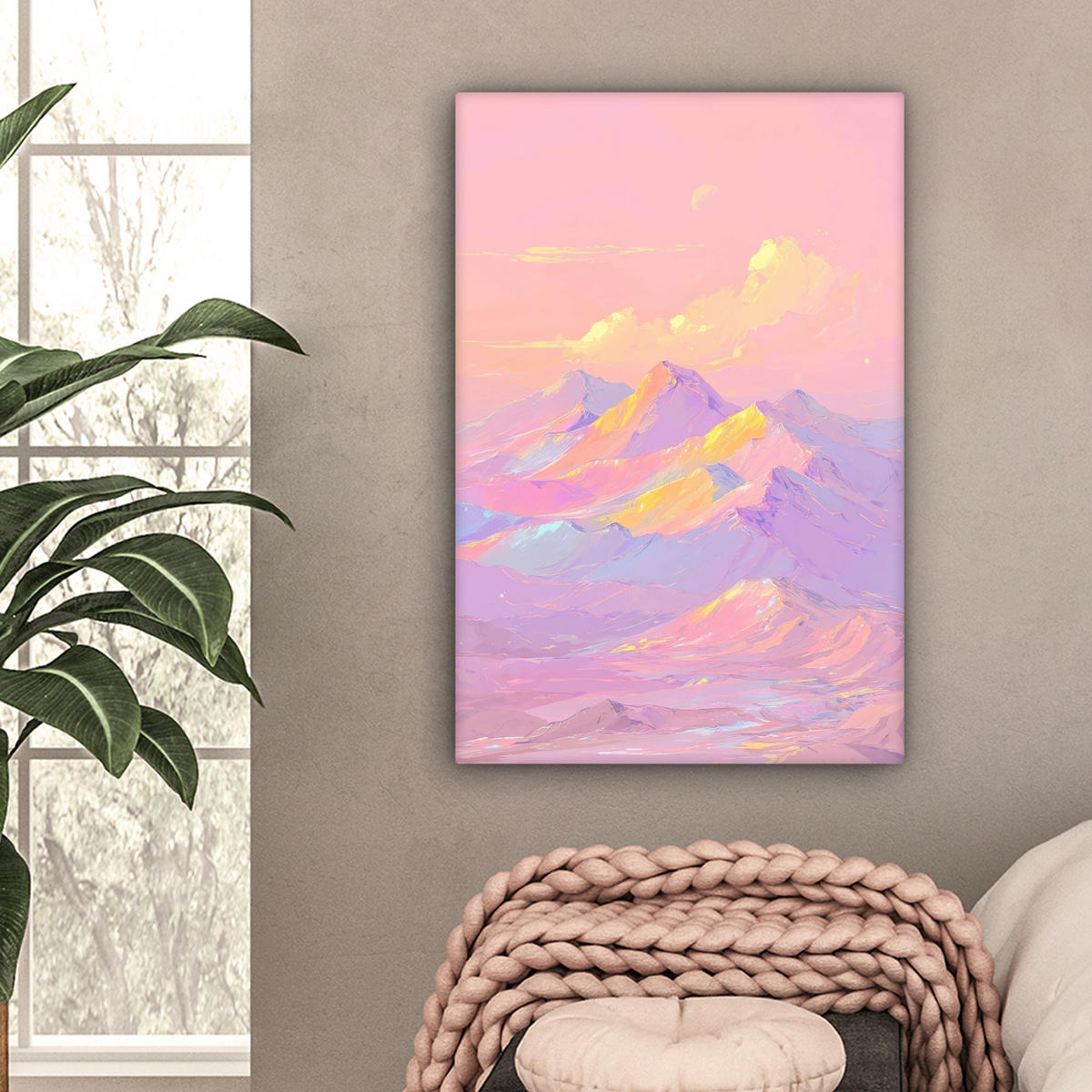 LEINWANDBILD Berggipfel - Wolken - Verträumt Wanddeko Schlafzimmer 60x90 cm - Hellrosa, Textil (60/90cm) - MuchoWow