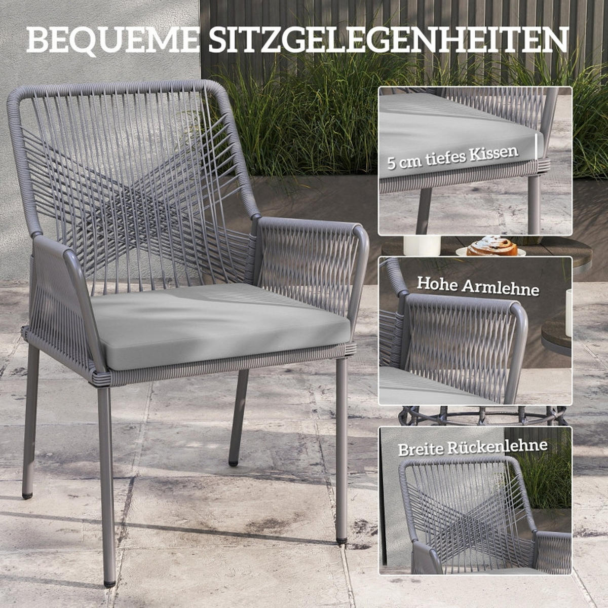 GARTENSTUHL 2er Set Rattan Kissen grau - Dunkelgrau, Naturmaterialien (57/84/61cm) - LEBENLANG