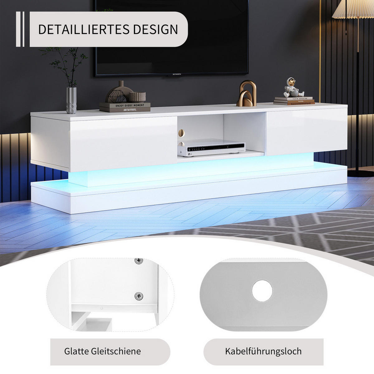 TV-SCHRANK 160x35cm Hochglanz LED-Beleuchtung App-Steuerung Weiß 2 Schubladen - Weiß, Holz (45.5/11.5/171cm) - FLIEKS