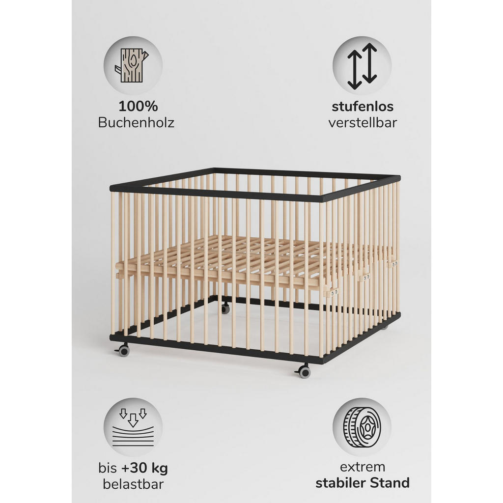 Thumbnail - Sämann – make a difference. Laufgitter, Schwarz, Natur, Holz, Echtholz,Buche, 100x74x100 cm, Babymöbel, Laufstall Baby