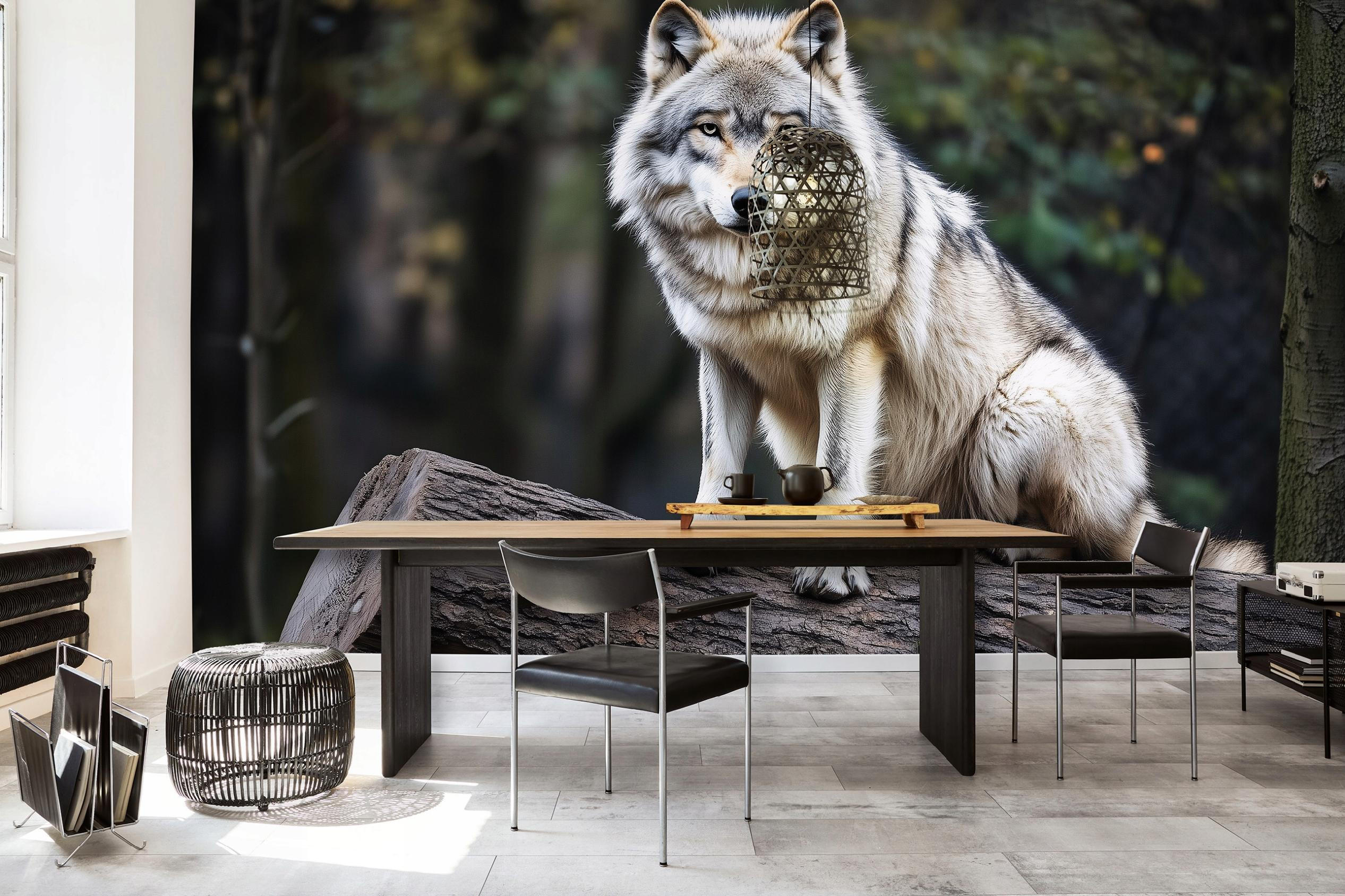 FOTOTAPETE Wolf 3D Effekt Wald Wohnzimmer Vlies Tapete 300x210 - Grau, Papier (300/210cm) - Wallarena