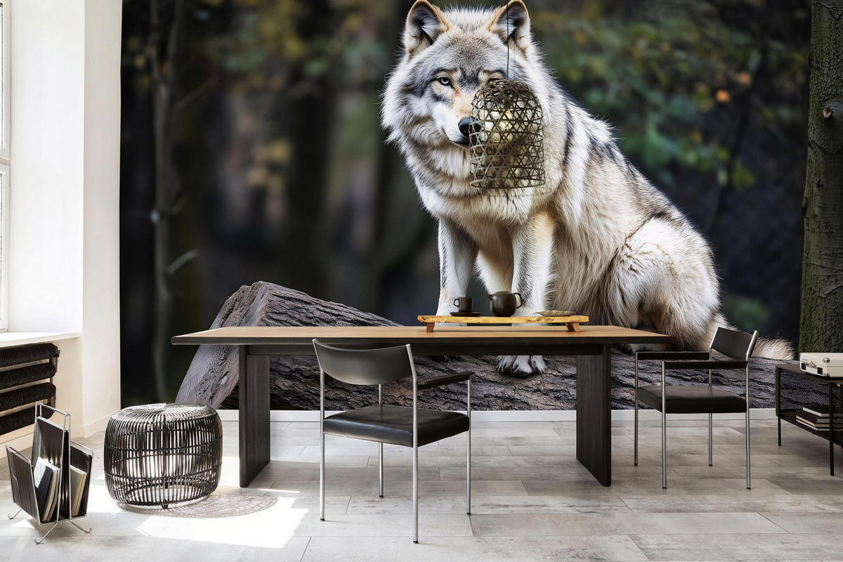 FOTOTAPETE Wolf 3D Effekt Wald Wohnzimmer Vlies Tapete 300x210 - Grau, Papier (300/210cm) - Wallarena