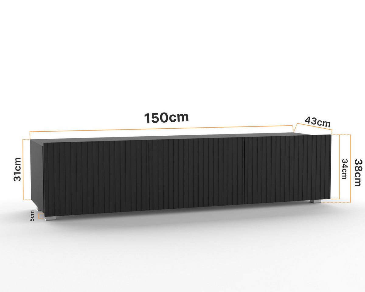 TV-LOWBOARD Kolder 150 cm Schwarz mit geriffelten Fronten - Silberfarben/Schwarz, Holzwerkstoff/Kunststoff (150/38/43cm) - Ravio