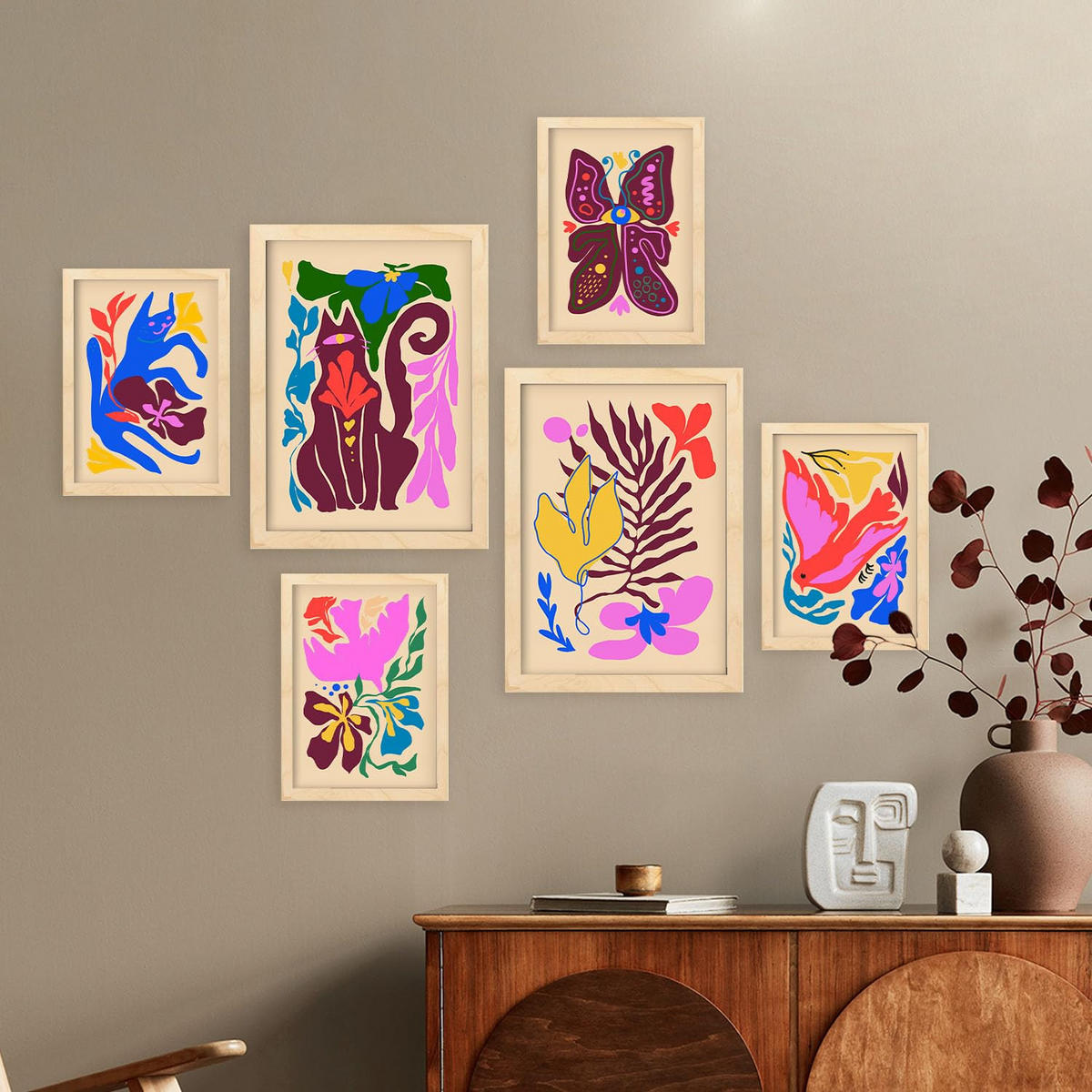 POSTER Set Mit 6 Malerische Tierästhetik Größe A3 & A4 Rahmen aus hellem Holz - Beige, Papier (29.7/1cm) - Nacnic