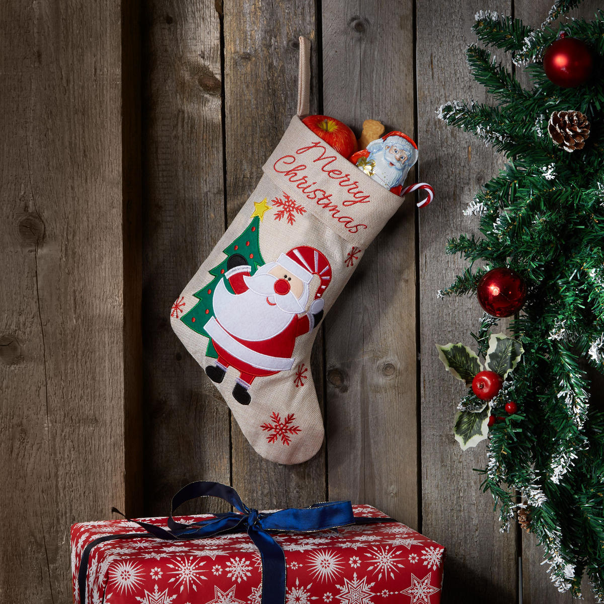 NIKOLAUSSTIEFEL IN JUTE-OPTI Mit Weihnachtsmann-motiv,26 x 36,5 cm,beige - Beige, Kunststoff (36.5/0.5/26cm) - tectake