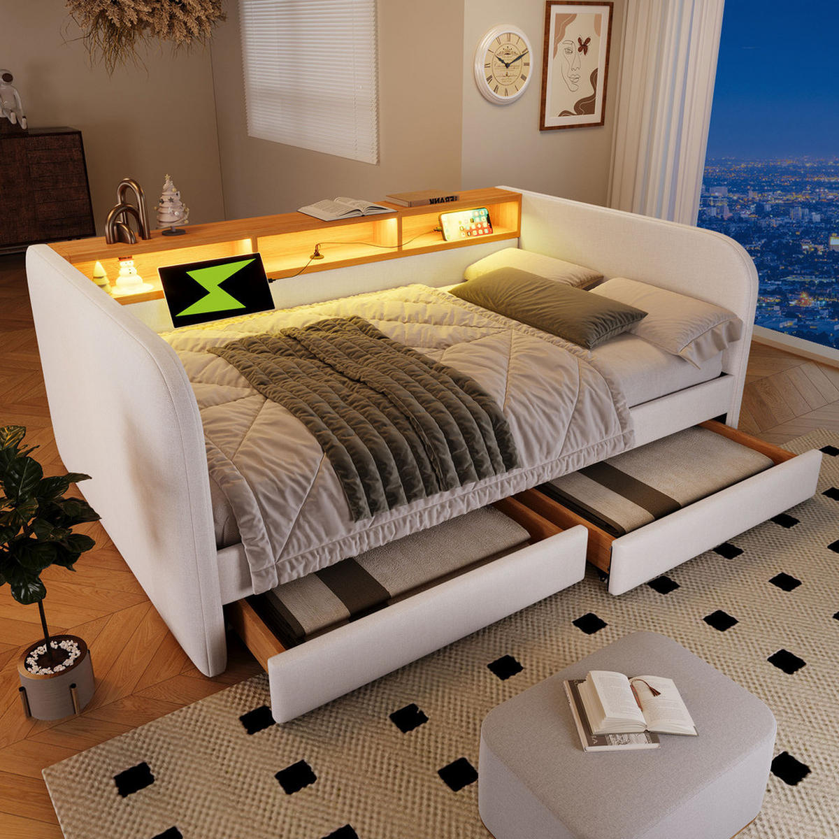 TAGESBETT 140x190cm Schlafsofa mit LED & USB-C 2 Schubladen Hellbeige - Beige, Holz (140/190cm) - FLIEKS