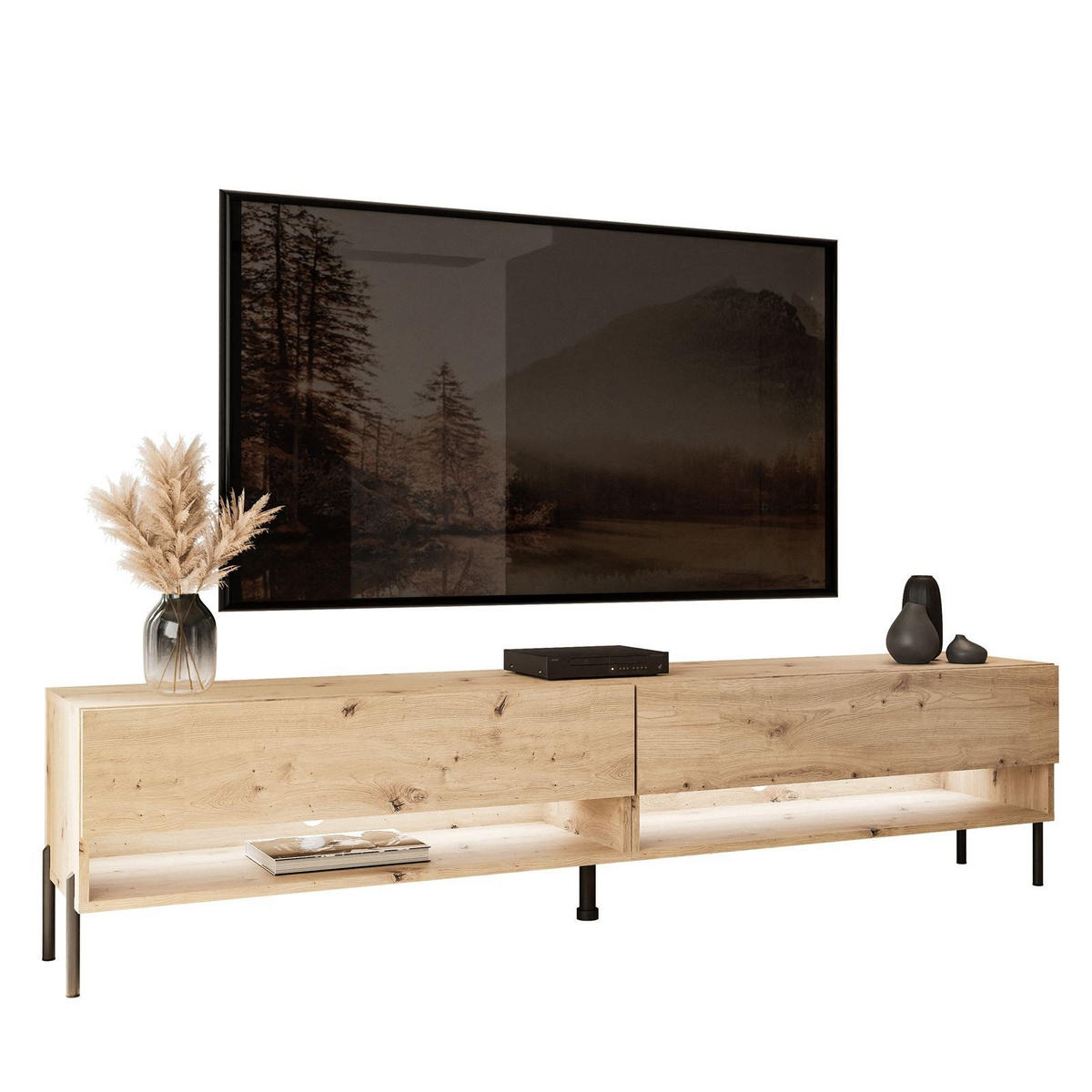 TV-LOWBOARD Schrank CALANTE 180 LOFT cm auf geraden schwarzen Beinen - Schwarz/Eiche Artisan, Holzwerkstoff/Metall (180/44/35cm) - Lookway
