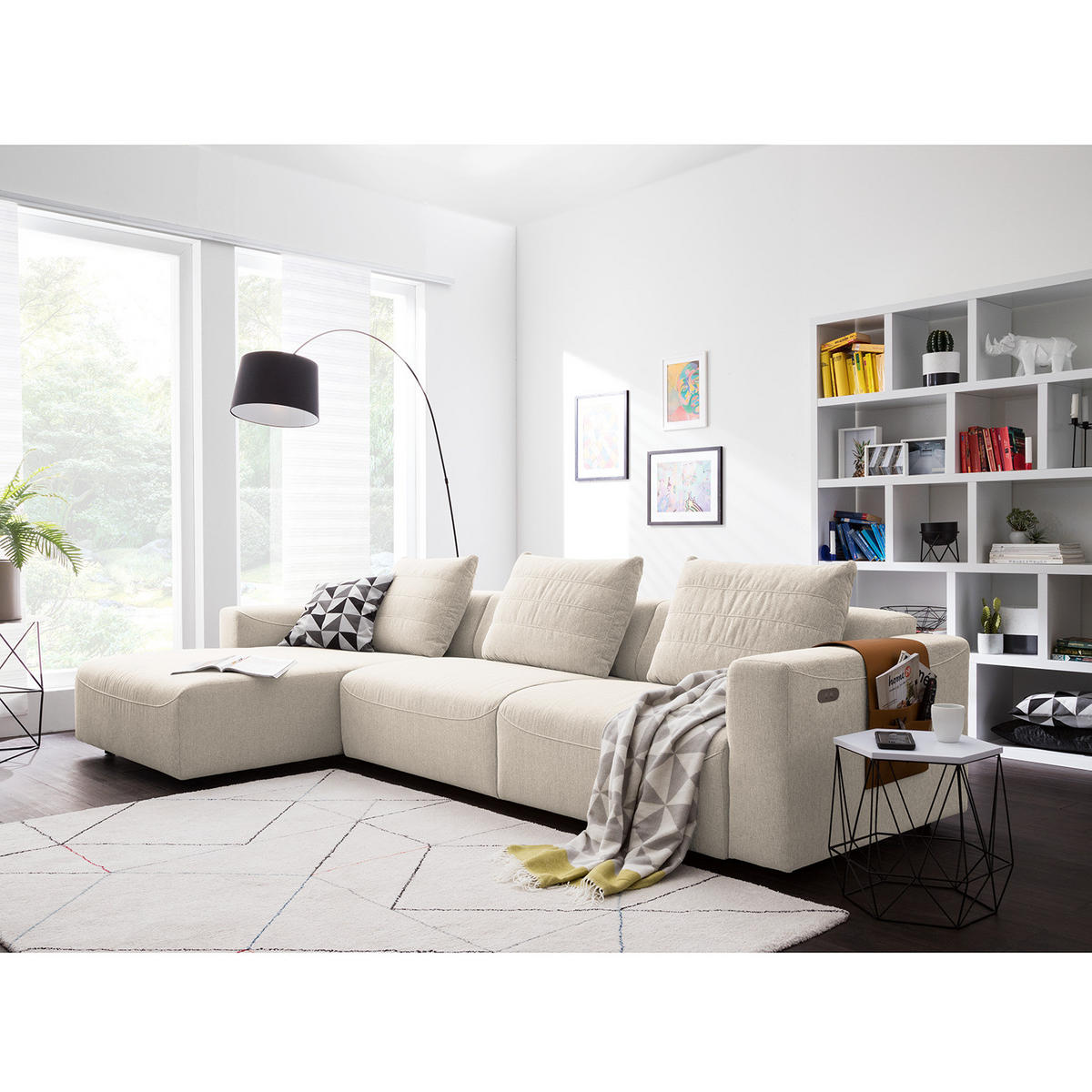 3-SITZER ECKSOFA mit Longchair - Webstoff - Beige/Schwarz, Kunststoff/Textil (320/170cm) - home24