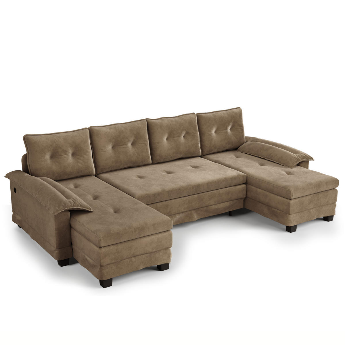 SCHLAFSOFA aus Chenille 278x127x87 cm Khaki mit USB-Anschluss, abnehmbaren Armlehnen und ausziehbarer Schlaffunktion - Beige, Textil (278/87/127cm) - Modfu