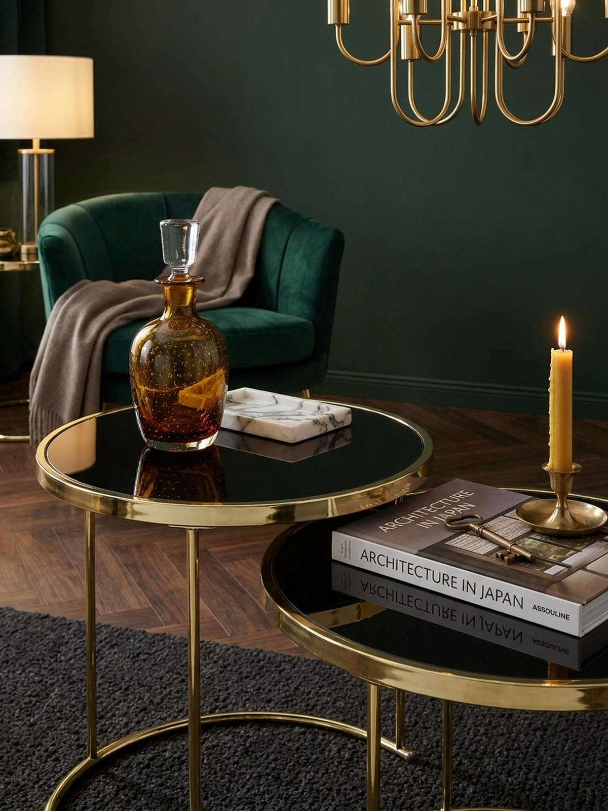 SATZTISCH Set – 2-teilig Metall Hochglanz schwarzes Glas 50/42 cm - Goldfarben/Schwarz, Glas/Metall (50/50/50cm) - KADIMA DESIGN