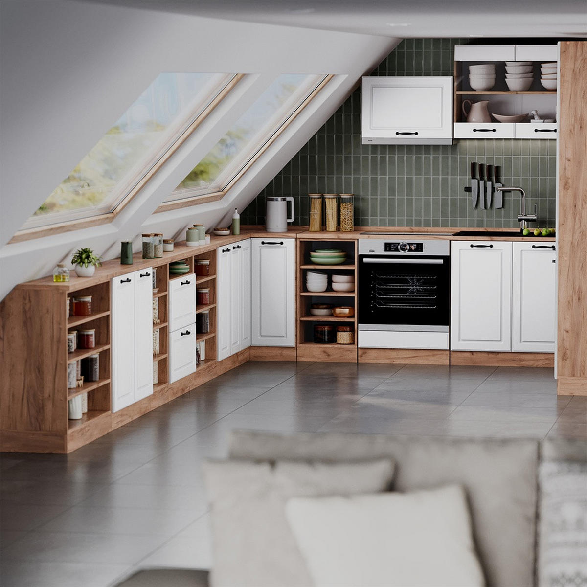 KÜCHENSCHRANK FÜR DACHSCHRÄGEN R-Line Weiß Landhaus 210 cm 5er Set Schrankkorpuss 60 cm Tiefe - Honigeiche/Weiß, Holzwerkstoff (210/83.8/60cm) - Vicco