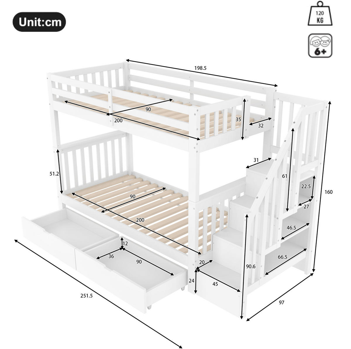 ETAGENBETT 90/200 cm weiß mit Treppenregal und zwei Schubladen - Weiß, Holz (90/200cm) - OKWISH