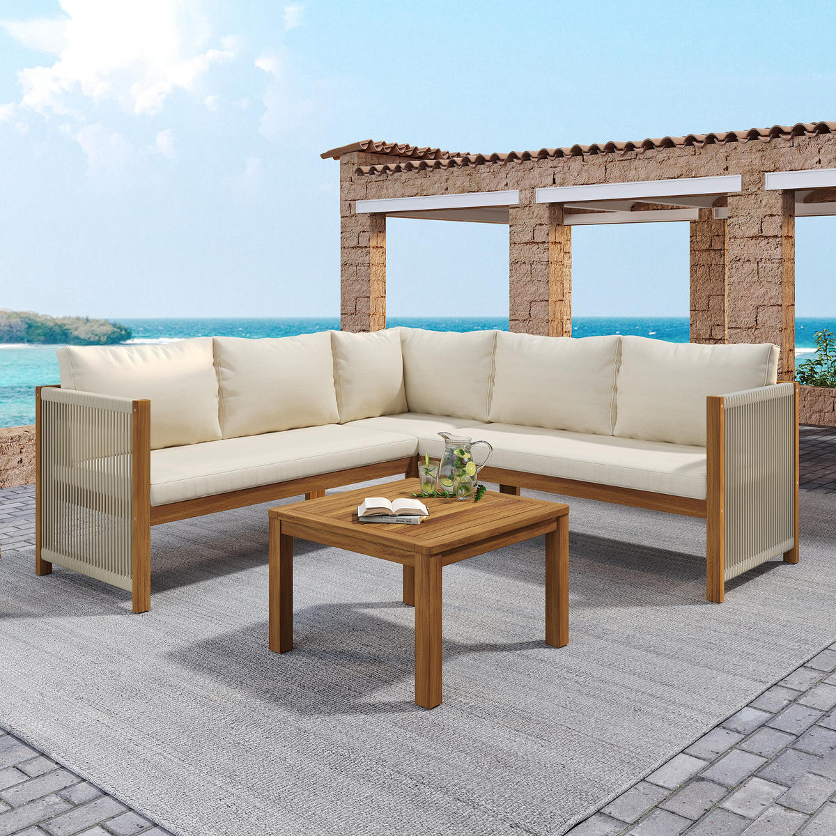 GARTENMÖBEL-SET, Ecksofa + Couchtisch, Akazienrahmen, Beige - Beige, Textil - FLIEKS