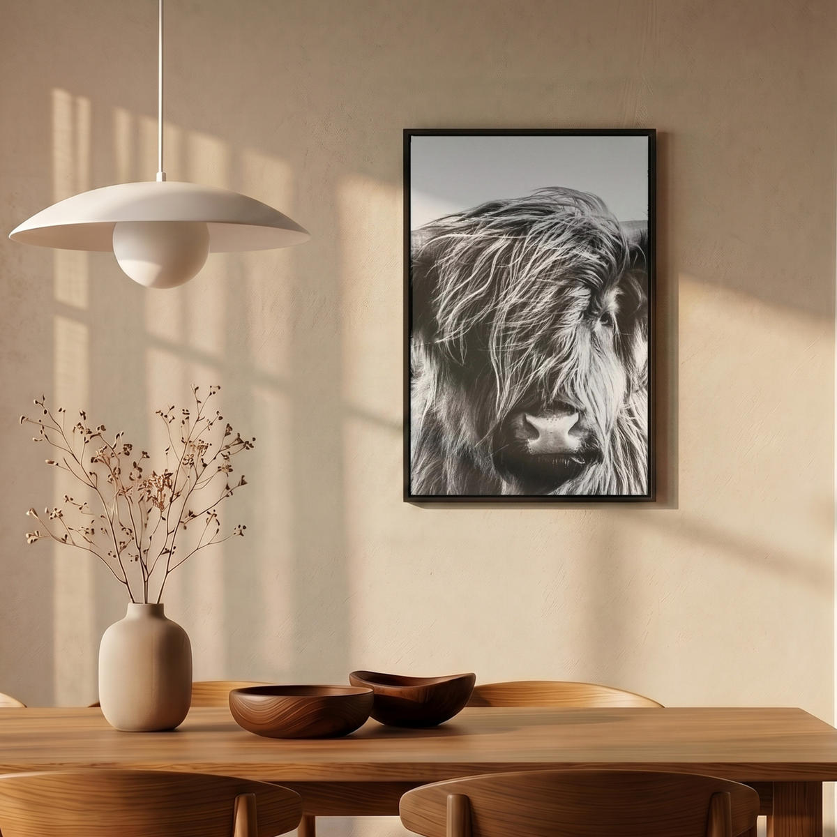 LEINWAND Bilder mit Rahmen - Kuh - Schottischer Hochländer - Schwarz - Weiß - Tier - Natur - Wildtiere - 40x60 - Schwarz, Textil (40/60cm) - MuchoWow