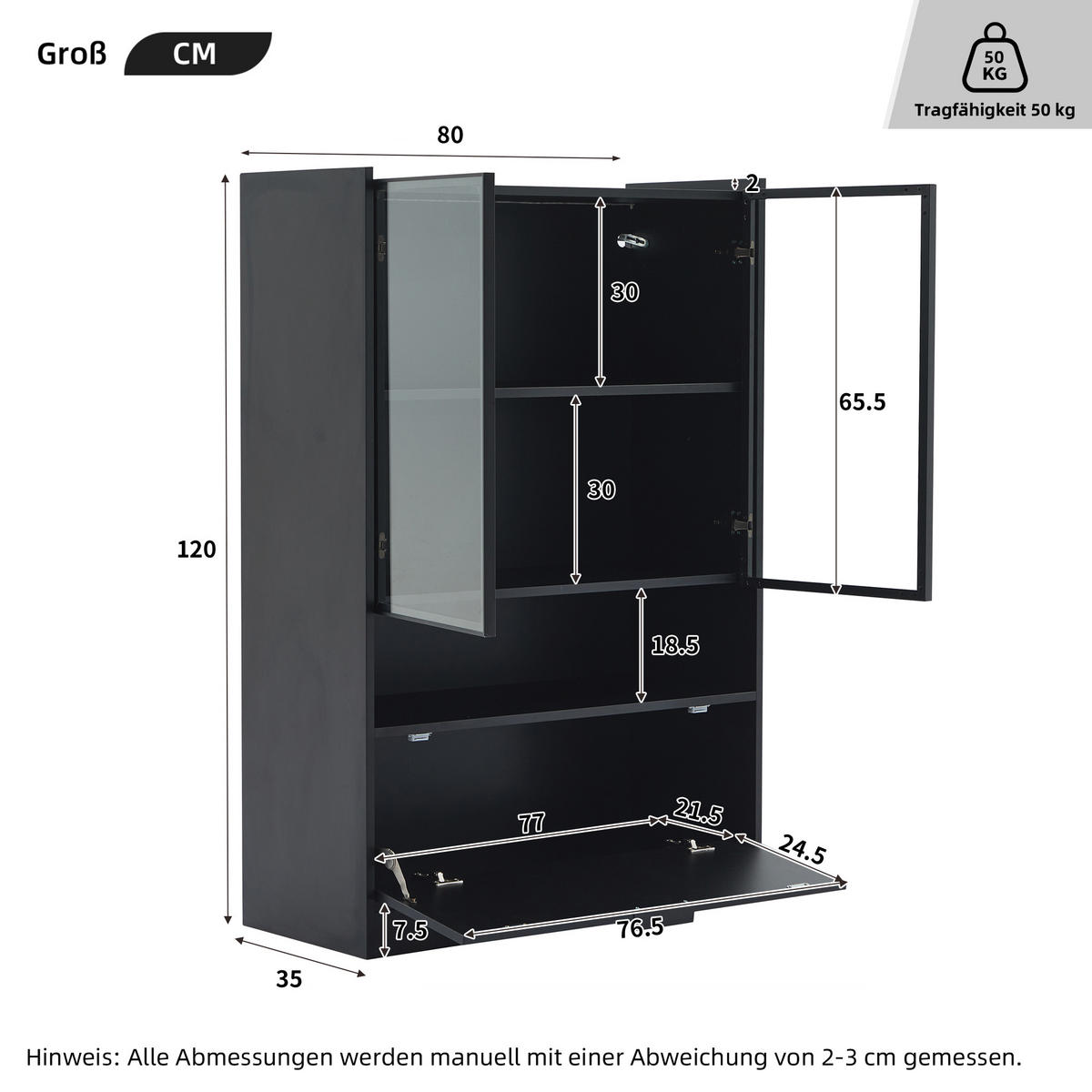 VITRINE 35/80/120 cm schwarz matt aus Spanplatte mit Glas und LED - Schwarz, Holzwerkstoff (80/120/35cm) - OKWISH