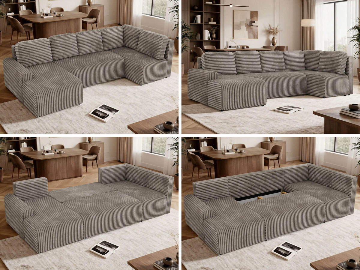 WOHNLANDSCHAFT NESSARO COR U Hellbraun Cord - Rechts Seite - Hellbraun/Schwarz, Kunststoff/Textil (151/92/307cm) - MKS