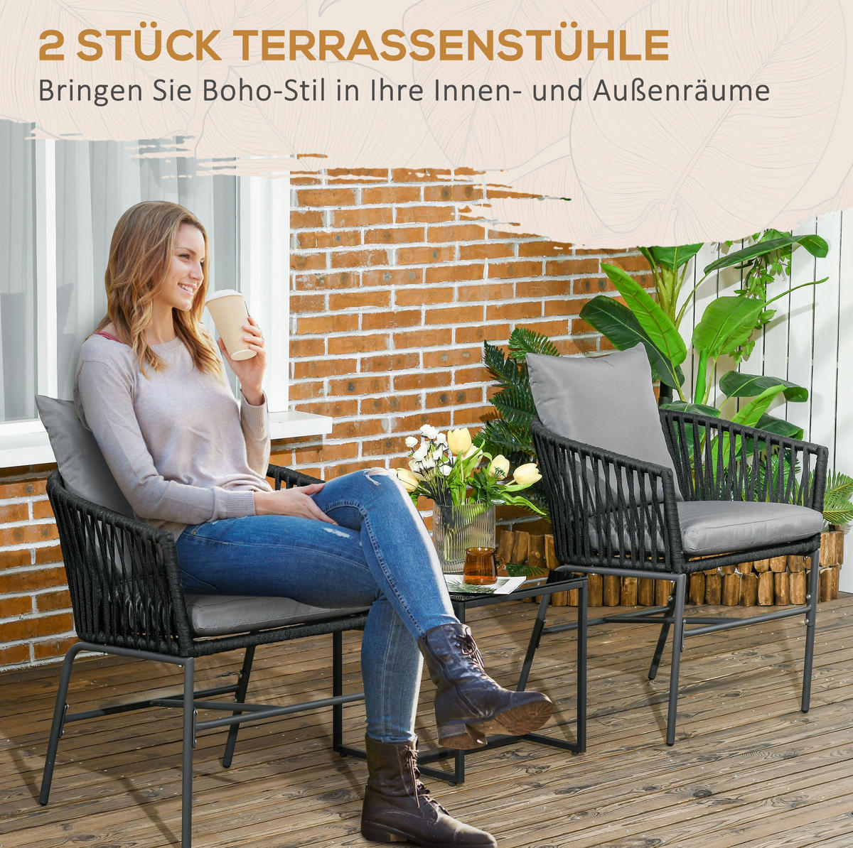 GARTENSTUHL aus Stahl 57x60x71 cm Schwarz mit Kissen, handgeflochtener Sitzschale im Boho-Stil - Schwarz, Metall (60/71/57cm) - Modfu