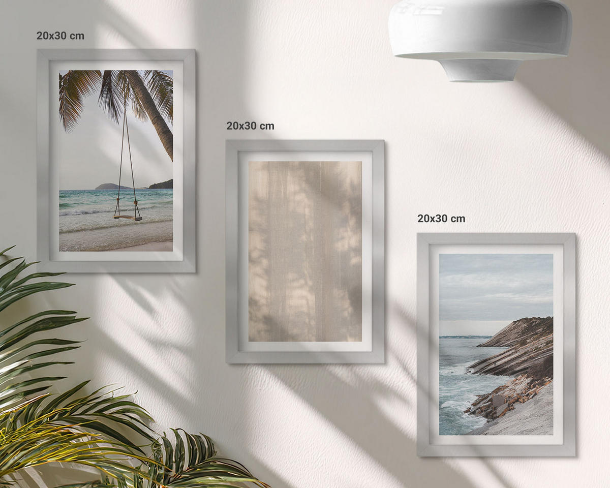 BILDER SET 3er Set - 20x30 cm Silberner Rahmen - Sommerlicher Sandstrand mit Meerblick - Silberfarben, Kunststoff (20/30cm) - TULUP